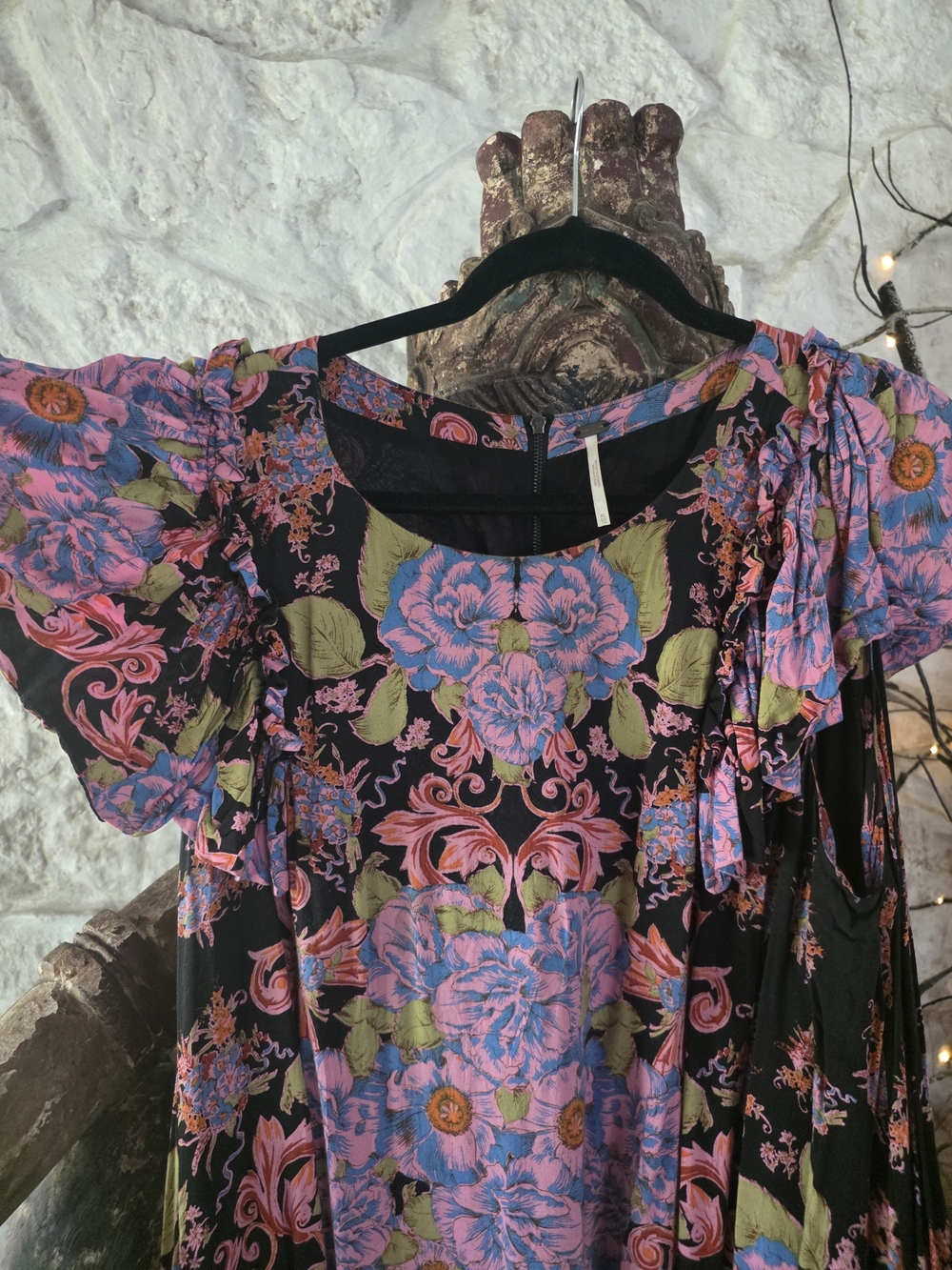 Free People Black Flowers Floral Swing Dress with Pink & Blue Flowers - Picture 5 of 11